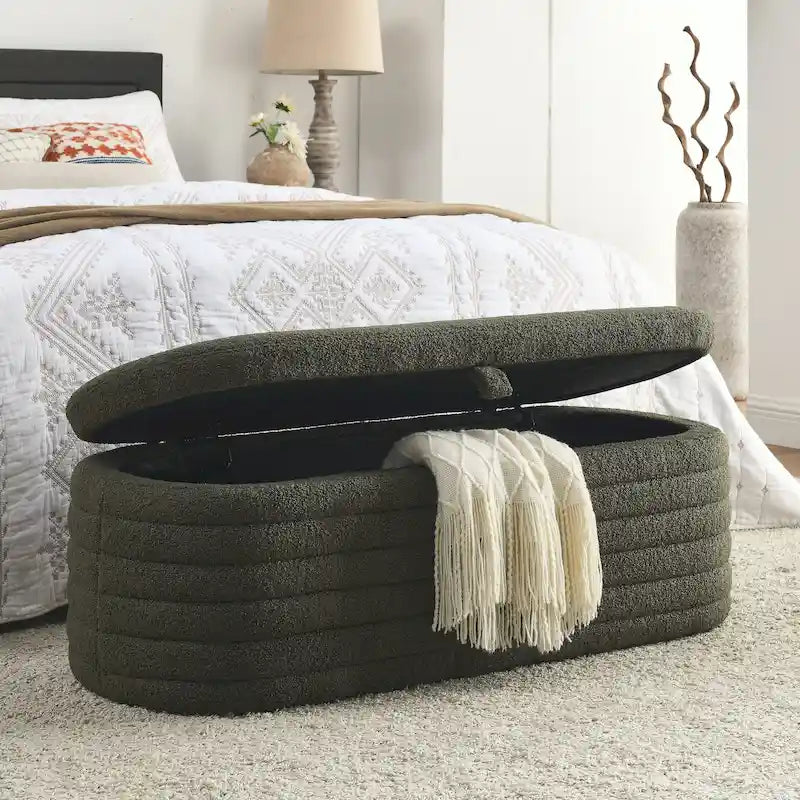 Panca contenitore imbottita in tessuto bouclé sherpa