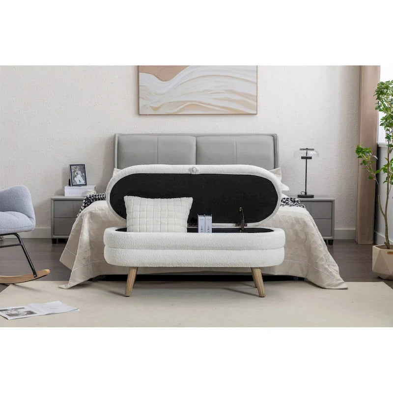 Panca contenitore bianca in pile effetto teddy, panca ovale imbottita da fondoletto con gambe in legno