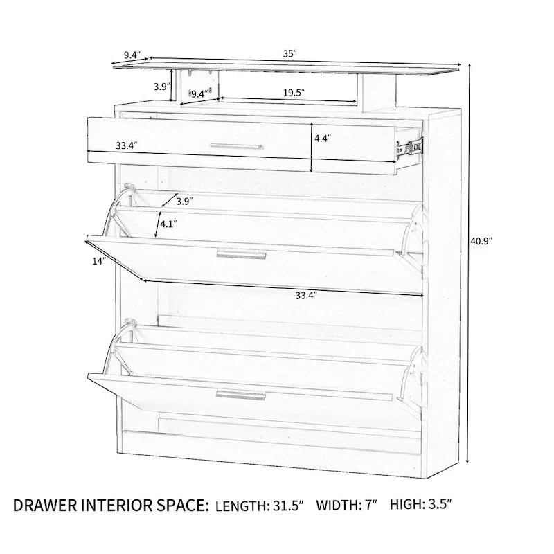 Slim Entryway Organizer with 2 Flip Drawers, Tempered Glass Top Shoe Storage Cabinet with Drawer