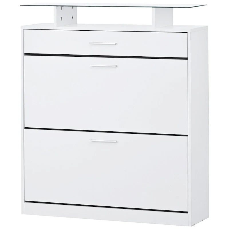 Slim Entryway Organizer with 2 Flip Drawers, Tempered Glass Top Shoe Storage Cabinet with Drawer