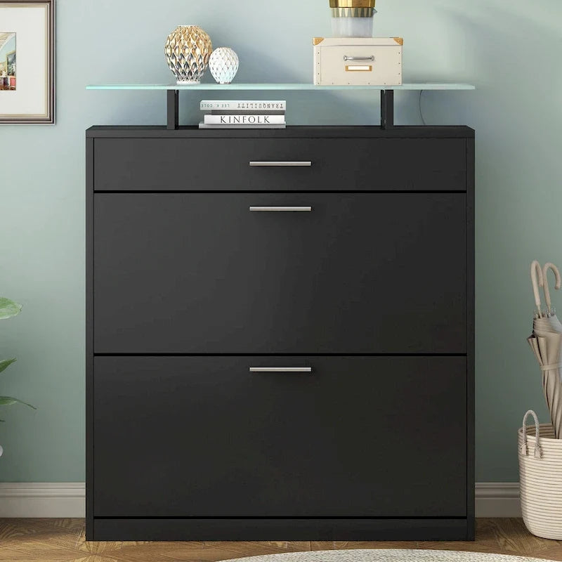 Slim Entryway Organizer with 2 Flip Drawers, Tempered Glass Top Shoe Storage Cabinet with Drawer