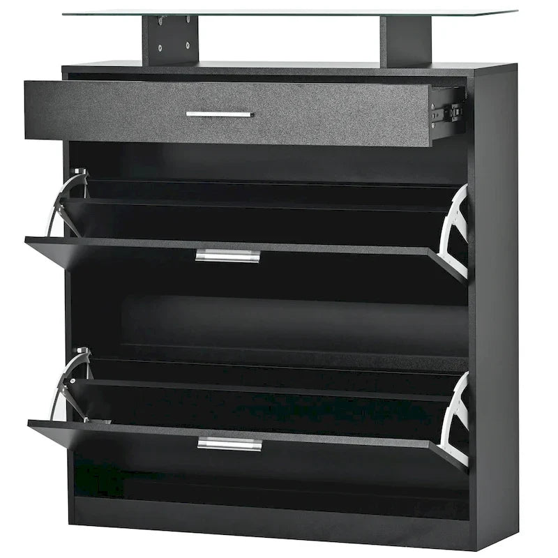 Slim Entryway Organizer with 2 Flip Drawers, Tempered Glass Top Shoe Storage Cabinet with Drawer
