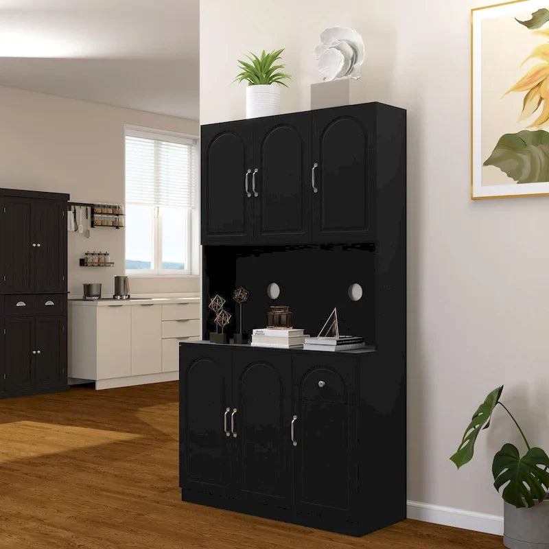 71 Kitchen Pantry Storage Cabinet with Microwave Oven Countertop, Freestanding Hutch Cabinet with Adjustable Shelves