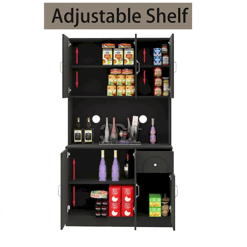 71 Kitchen Pantry Storage Cabinet with Microwave Oven Countertop, Freestanding Hutch Cabinet with Adjustable Shelves