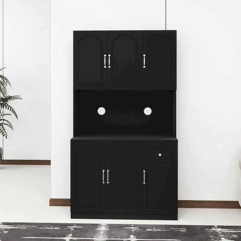 71 Kitchen Pantry Storage Cabinet with Microwave Oven Countertop, Freestanding Hutch Cabinet with Adjustable Shelves