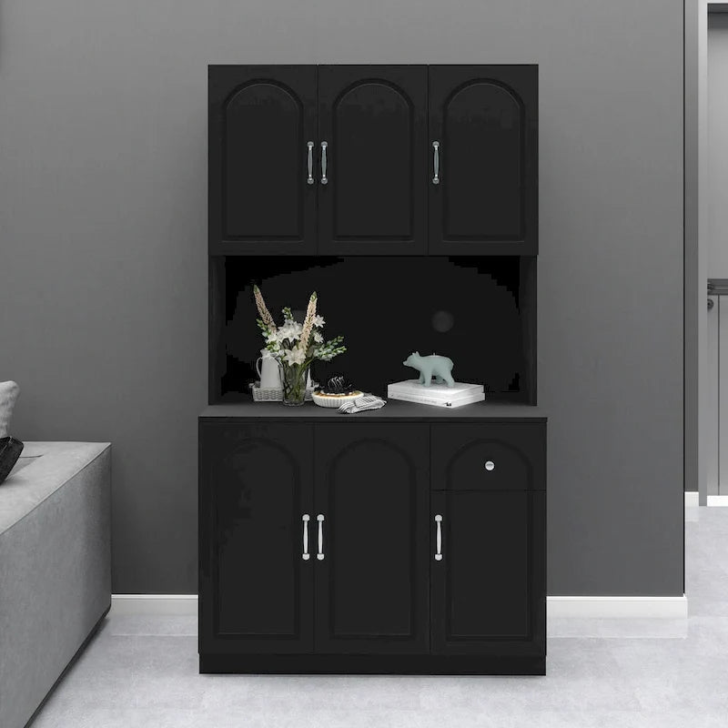71 Kitchen Pantry Storage Cabinet with Microwave Oven Countertop, Freestanding Hutch Cabinet with Adjustable Shelves