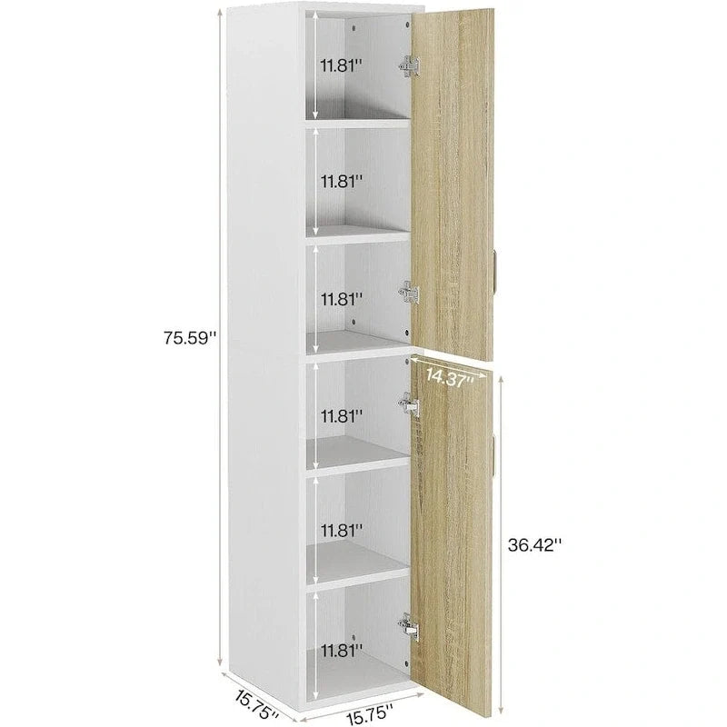 Drewniana szafka do przechowywania o wysokości 75.4 Inches, z 2 drzwiczkami i 6 półkami