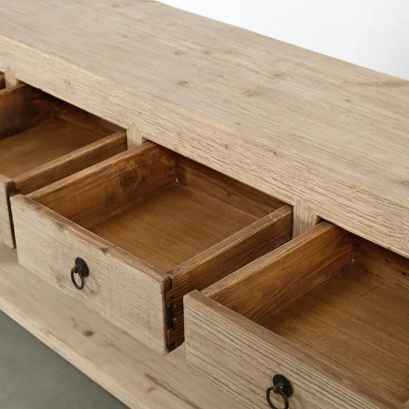 Credenza lunga 70 con 4 cassetti, legno massello di pino naturale dall'aspetto invecchiato, piano pieno