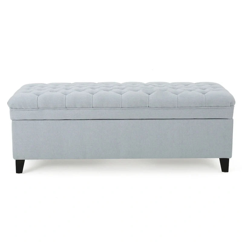 Panca contenitore, tessuto azzurro chiaro, legno nero, 50 pollici