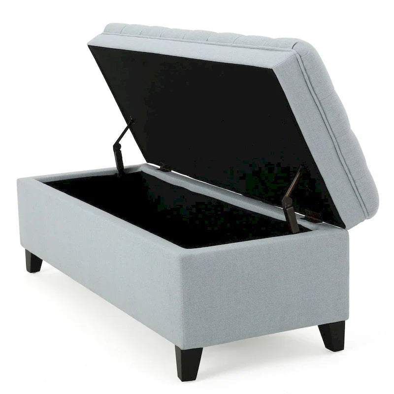 Panca contenitore, tessuto azzurro chiaro, legno nero, 50 pollici