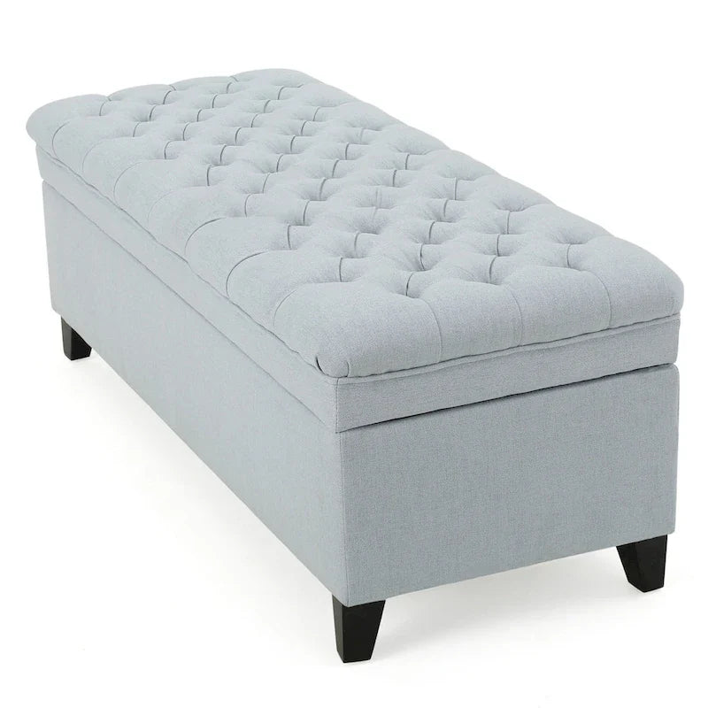 Panca contenitore, tessuto azzurro chiaro, legno nero, 50 pollici
