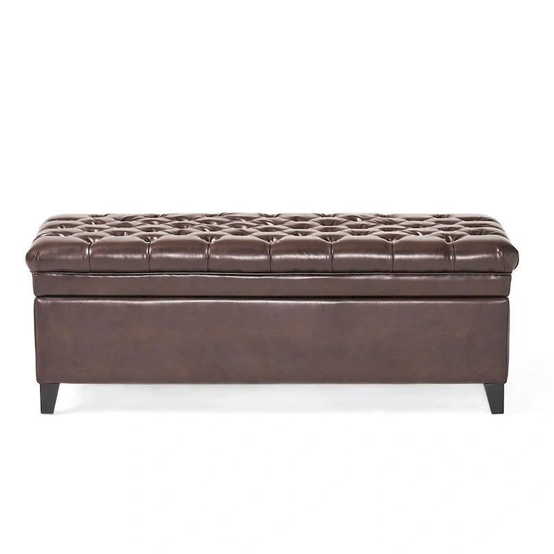 Panca contenitore, similpelle marrone, legno nero, 50 pollici