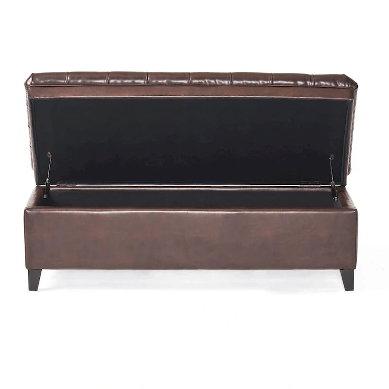 Panca contenitore, similpelle marrone, legno nero, 50 pollici