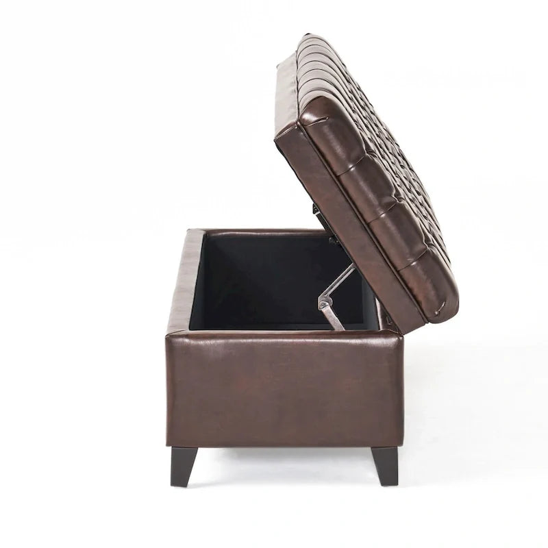 Panca contenitore, similpelle marrone, legno nero, 50 pollici