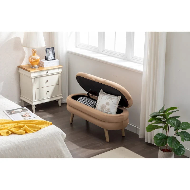 Panca contenitore in velluto con gambe in legno
