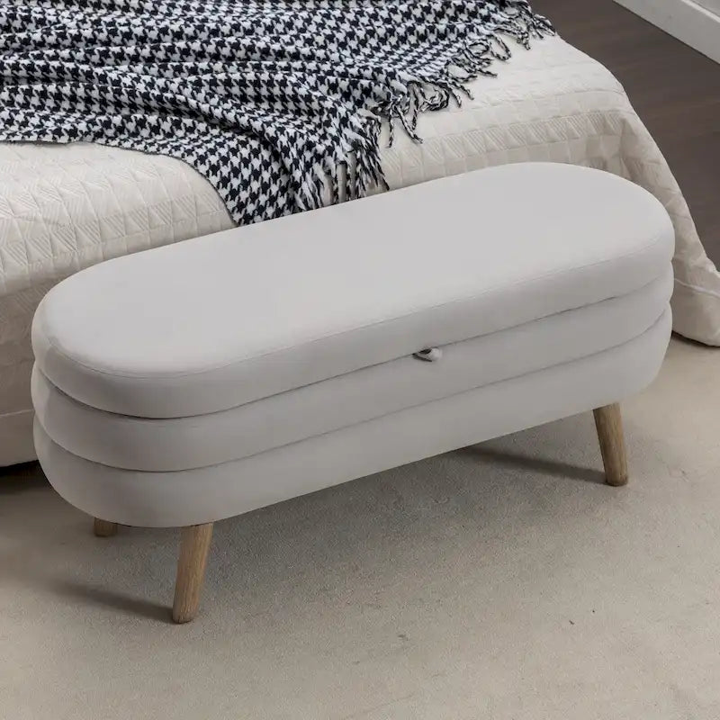 Panca contenitore in velluto con gambe in legno