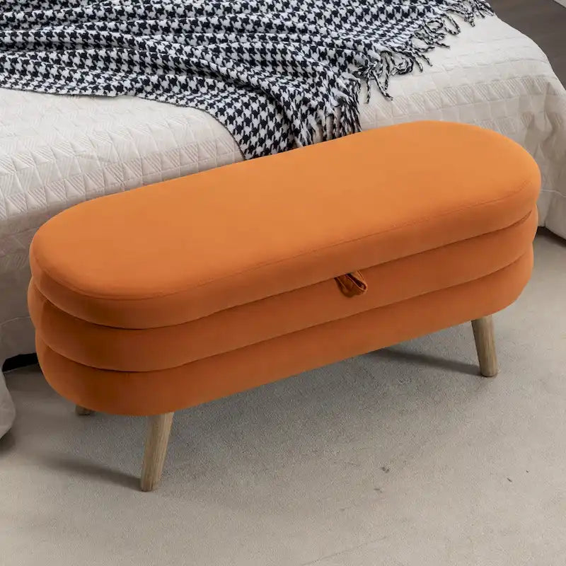 Panca contenitore in velluto con gambe in legno