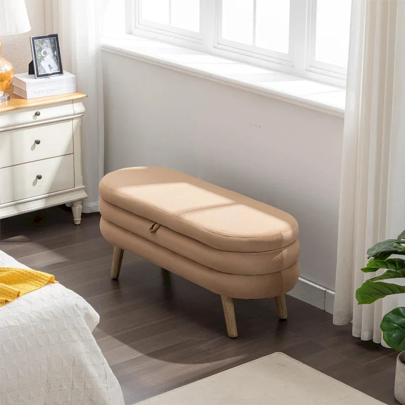 Panca contenitore in velluto con gambe in legno
