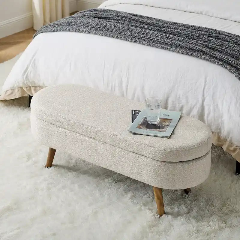 Panca contenitore ovale, gambe in legno di caucciù, beige