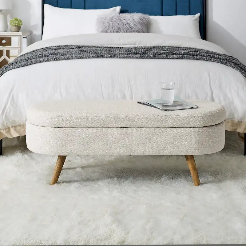Panca contenitore ovale, gambe in legno di caucciù, beige