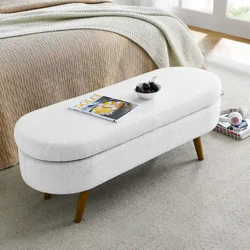 Panca contenitore ovale, gambe in legno di caucciù, beige