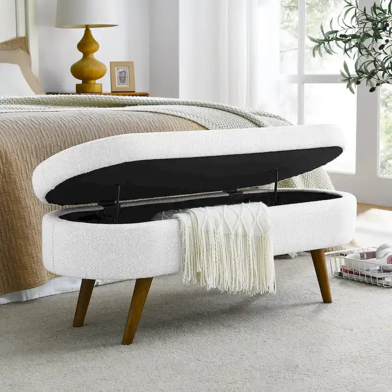 Ottoman Oval Storage Bench,Rubber Wood Legs, Beige