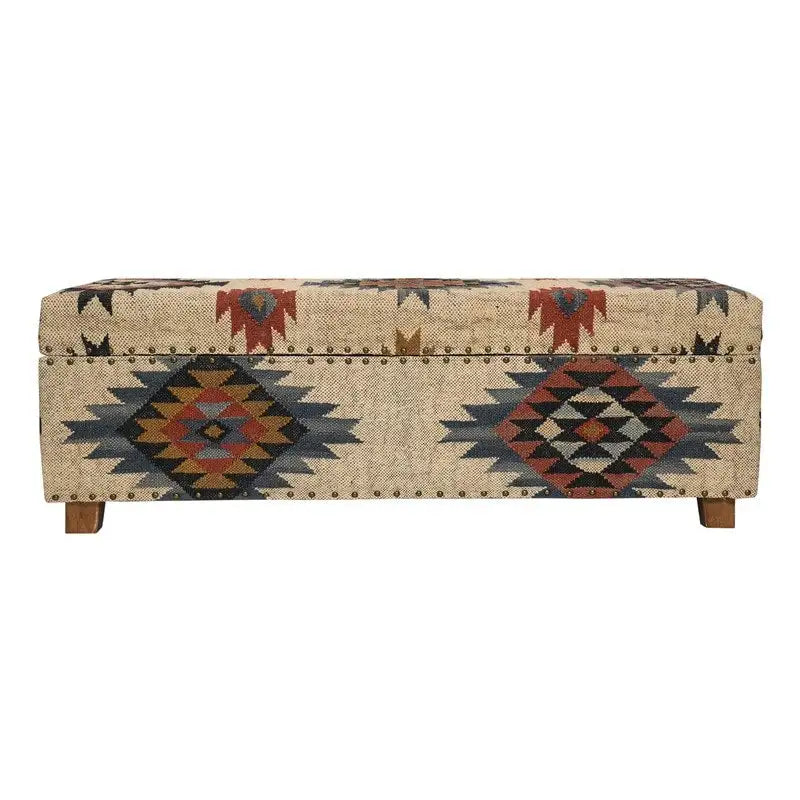 Panca contenitore in tessuto kilim boho con struttura interna in legno, cassapanca imbottita per la camera da letto, da posizionare ai piedi del letto