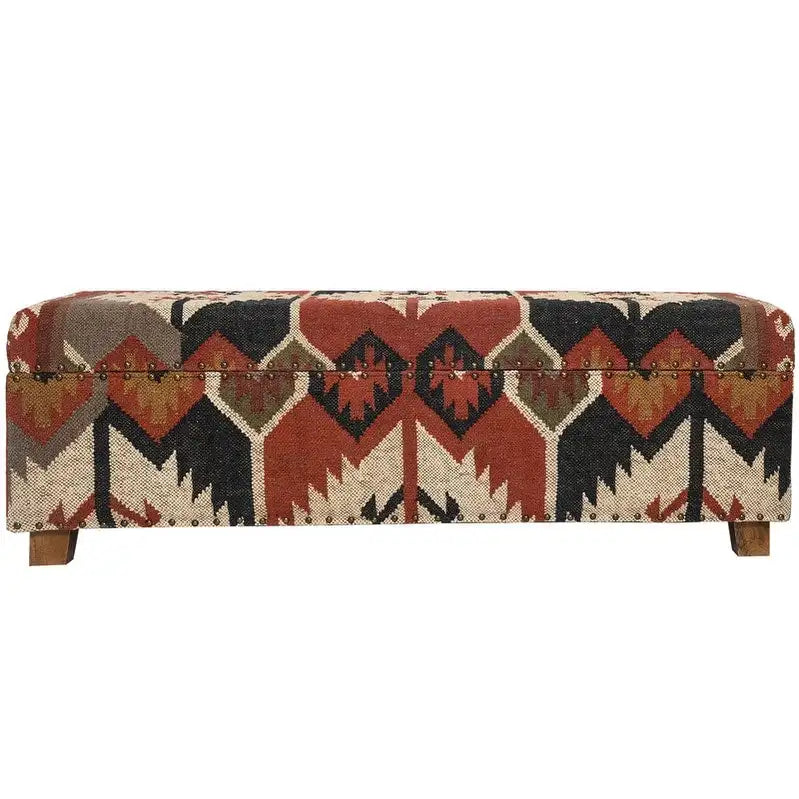Panca contenitore in tessuto kilim boho con struttura interna in legno, cassapanca imbottita per la camera da letto, da posizionare ai piedi del letto