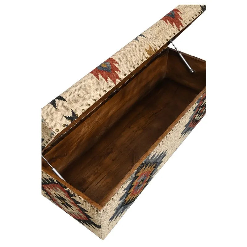 Panca contenitore in tessuto kilim boho con struttura interna in legno, cassapanca imbottita per la camera da letto, da posizionare ai piedi del letto