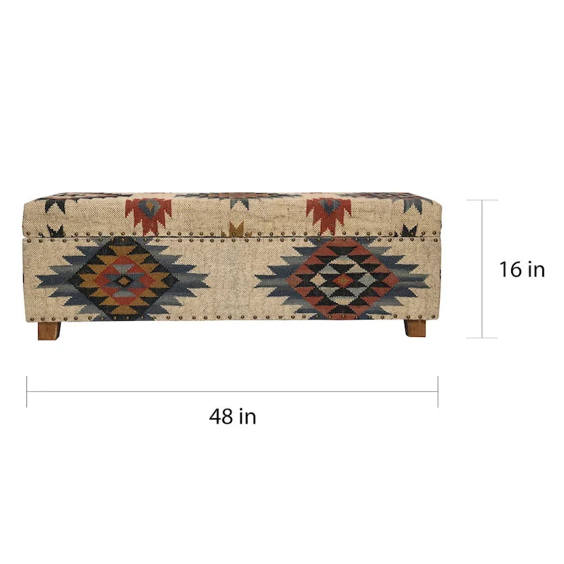 Panca contenitore in tessuto kilim boho con struttura interna in legno, cassapanca imbottita per la camera da letto, da posizionare ai piedi del letto
