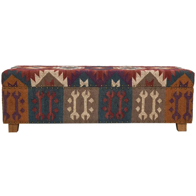 Panca contenitore in tessuto kilim boho con struttura interna in legno, cassapanca imbottita per la camera da letto, da posizionare ai piedi del letto