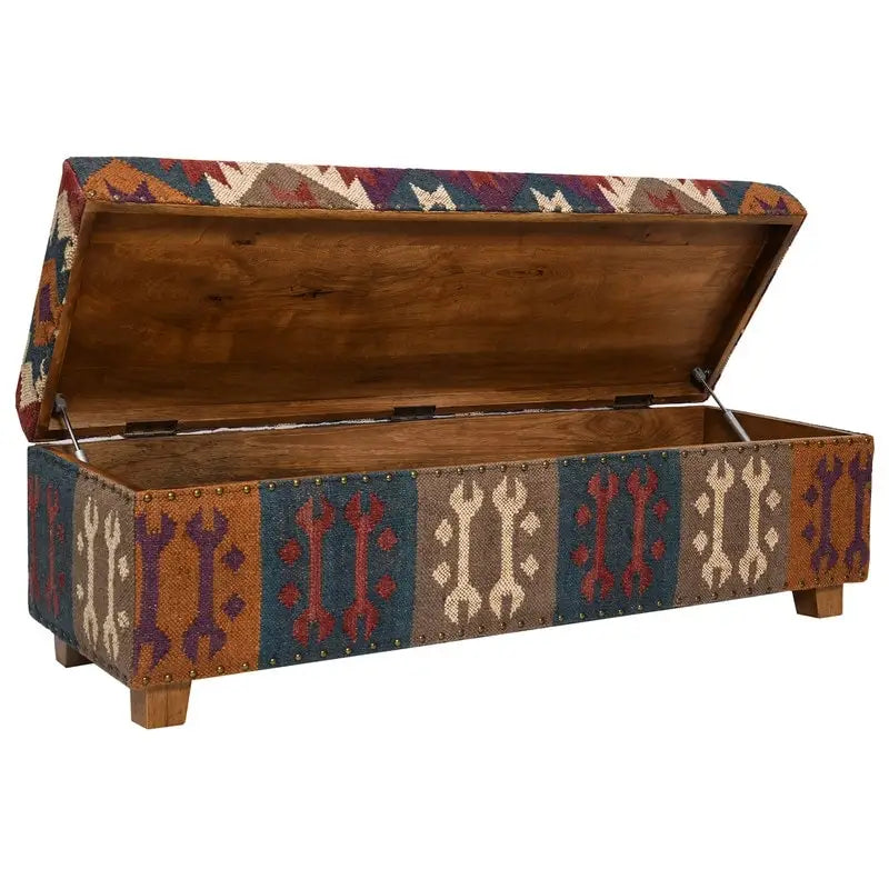 Panca contenitore in tessuto kilim boho con struttura interna in legno, cassapanca imbottita per la camera da letto, da posizionare ai piedi del letto