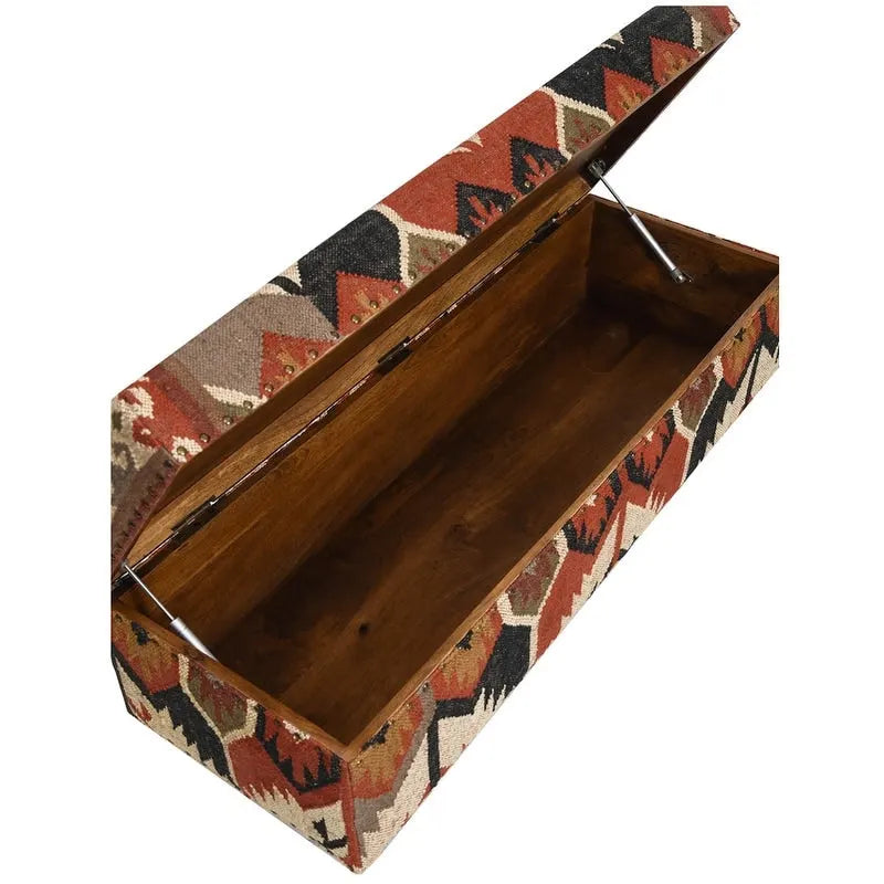 Panca contenitore in tessuto kilim boho con struttura interna in legno, cassapanca imbottita per la camera da letto, da posizionare ai piedi del letto