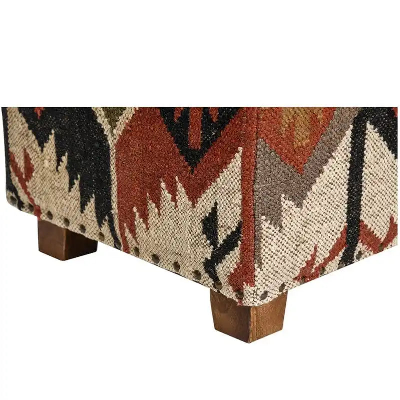 Panca contenitore in tessuto kilim boho con struttura interna in legno, cassapanca imbottita per la camera da letto, da posizionare ai piedi del letto