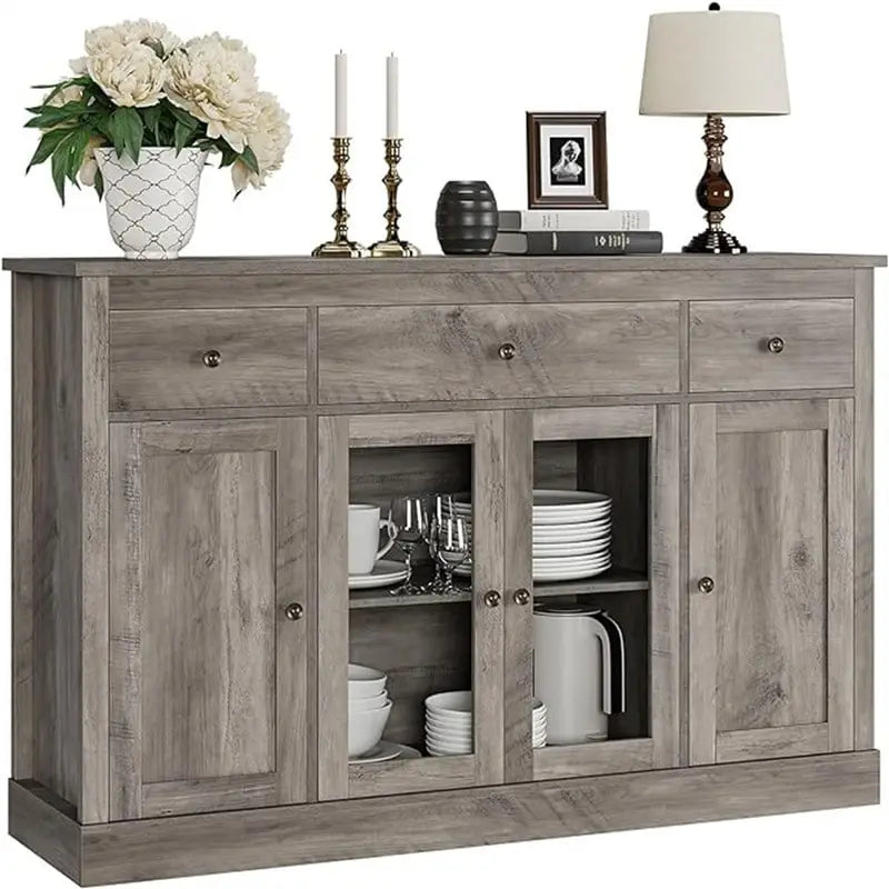 White Buffet Sideboard Cabinet with Glass Doors and Drawers, Wooden Storage Credenza for Dining Room