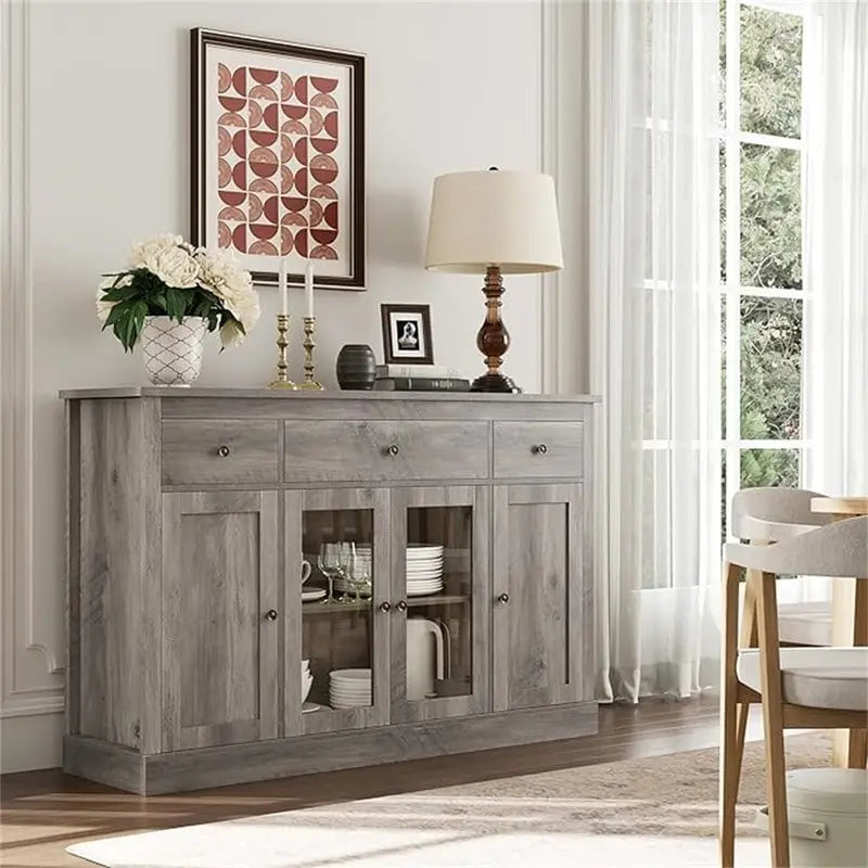 Credenza buffet bianca con ante in vetro e cassetti, mobile contenitore in legno per sala da pranzo