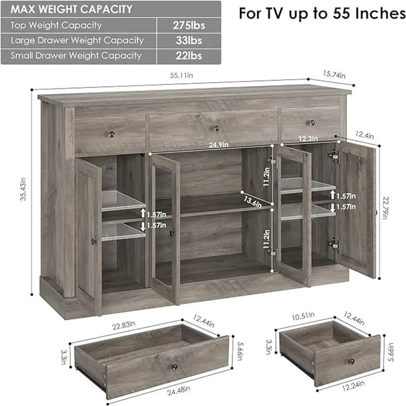 White Buffet Sideboard Cabinet with Glass Doors and Drawers, Wooden Storage Credenza for Dining Room