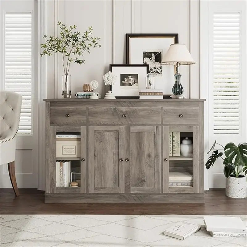 White Buffet Sideboard Cabinet with Glass Doors and Drawers, Wooden Storage Credenza for Dining Room