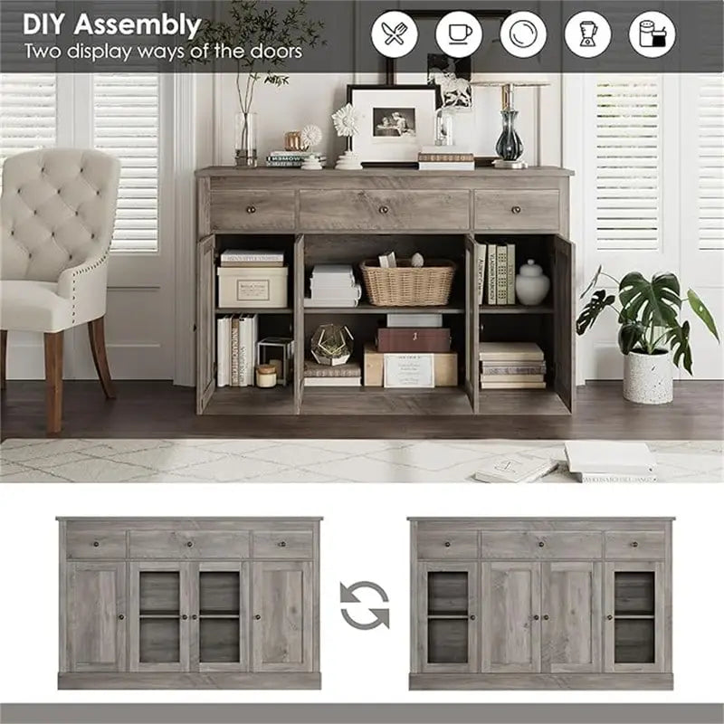 White Buffet Sideboard Cabinet with Glass Doors and Drawers, Wooden Storage Credenza for Dining Room