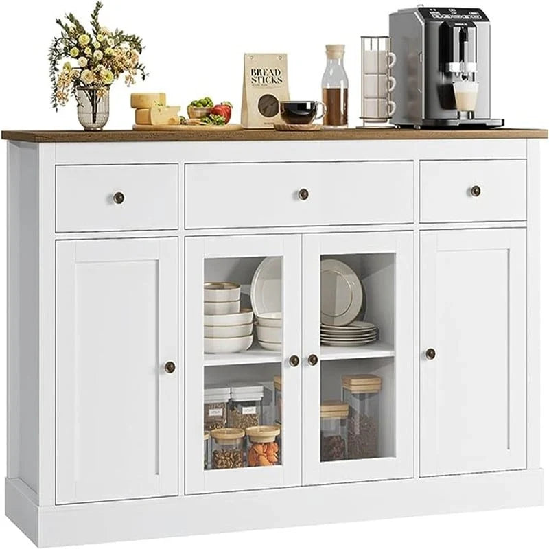 White Buffet Sideboard Cabinet with Glass Doors and Drawers, Wooden Storage Credenza for Dining Room