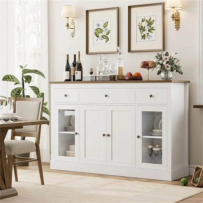 Credenza buffet bianca con ante in vetro e cassetti, mobile contenitore in legno per sala da pranzo