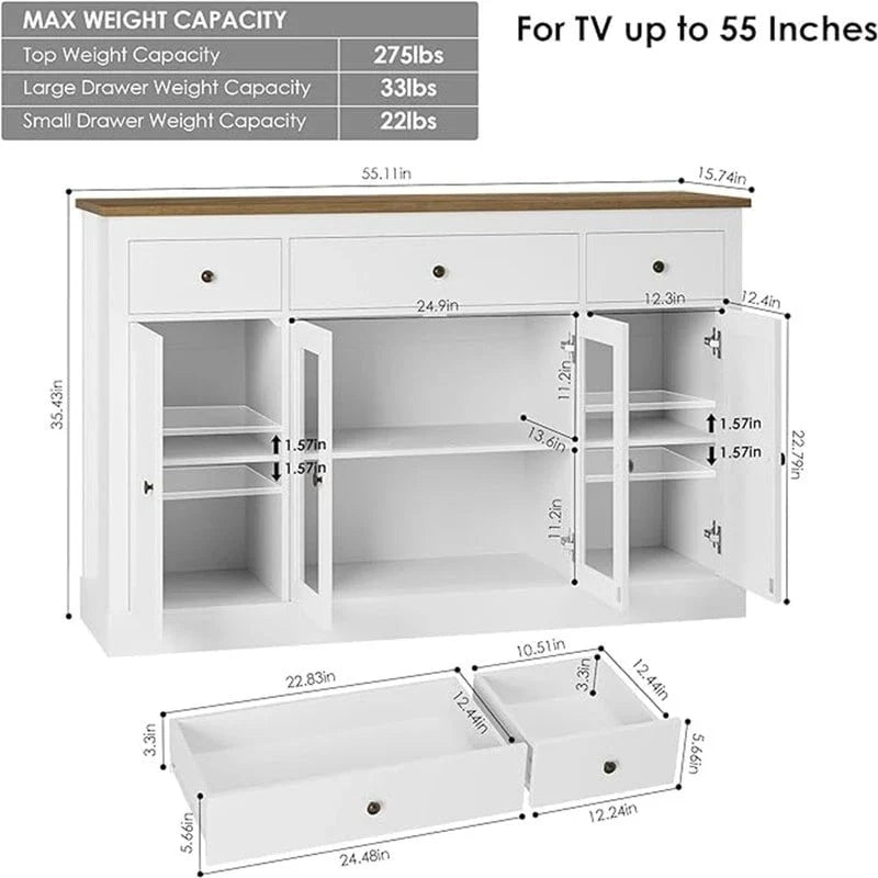 White Buffet Sideboard Cabinet with Glass Doors and Drawers, Wooden Storage Credenza for Dining Room