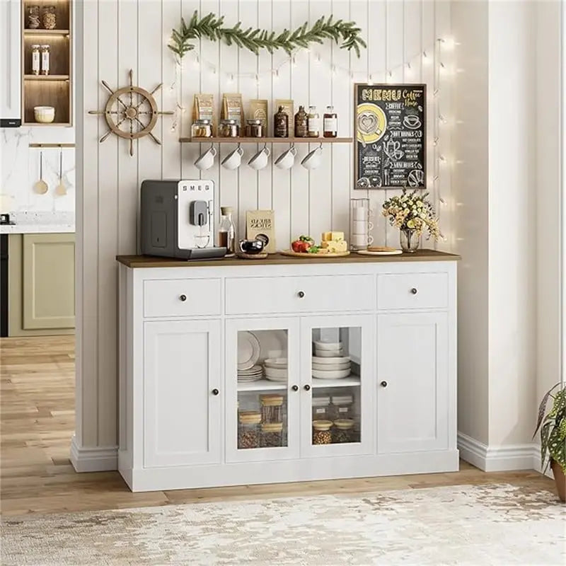 Credenza buffet bianca con ante in vetro e cassetti, mobile contenitore in legno per sala da pranzo