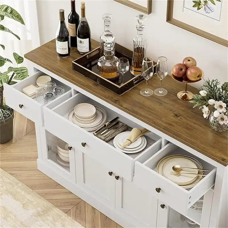 White Buffet Sideboard Cabinet with Glass Doors and Drawers, Wooden Storage Credenza for Dining Room