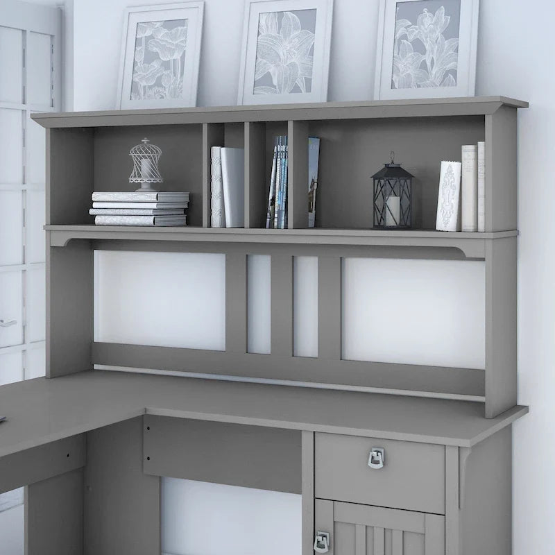 Set da scrivania rustico per ufficio domestico con alzata, schedario, libreria e sedia girevole imbottita, combinazione per postazione di lavoro