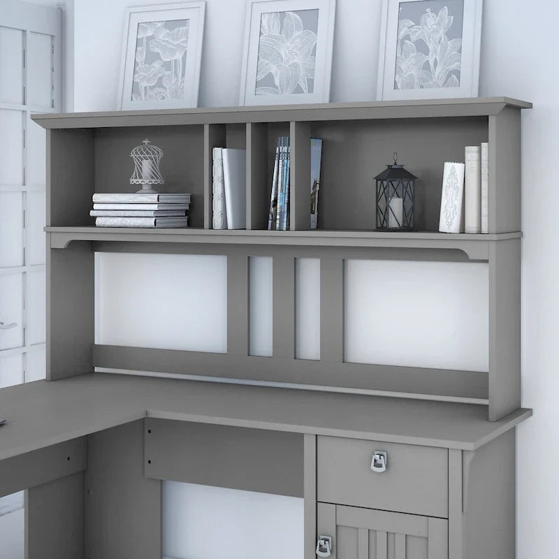 Set da scrivania rustico per ufficio domestico con alzata, schedario, libreria e sedia girevole imbottita, combinazione per postazione di lavoro