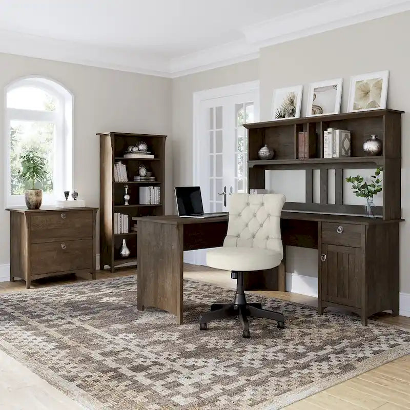 Set da scrivania rustico per ufficio domestico con alzata, schedario, libreria e sedia girevole imbottita, combinazione per postazione di lavoro