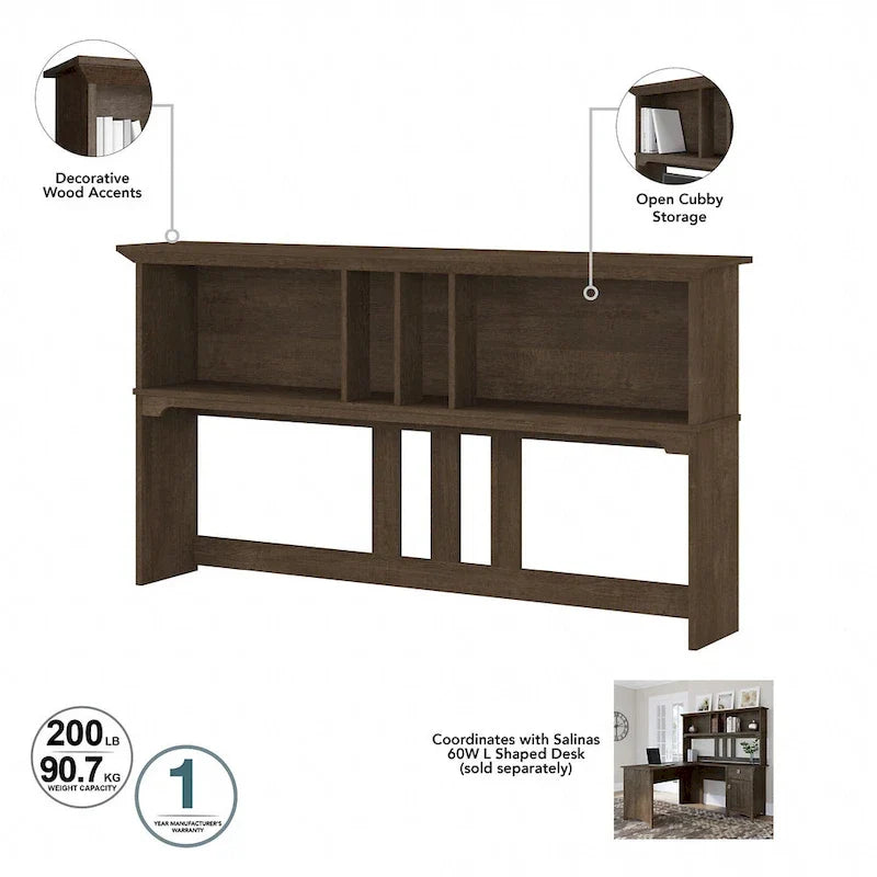 Set da scrivania rustico per ufficio domestico con alzata, schedario, libreria e sedia girevole imbottita, combinazione per postazione di lavoro