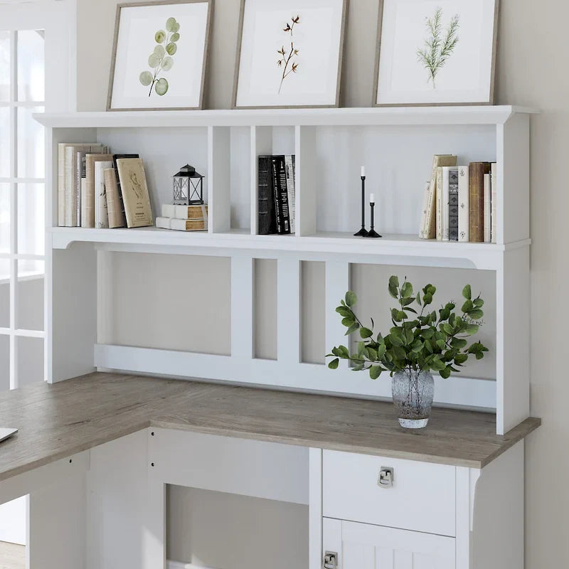 Set da scrivania rustico per ufficio domestico con alzata, schedario, libreria e sedia girevole imbottita, combinazione per postazione di lavoro