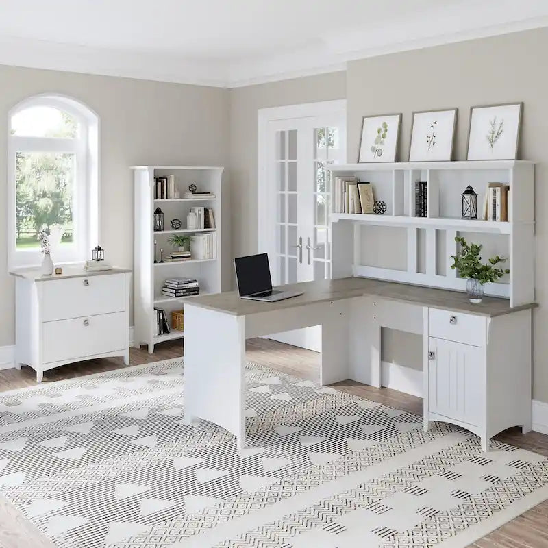 Set da scrivania rustico per ufficio domestico con alzata, schedario, libreria e sedia girevole imbottita, combinazione per postazione di lavoro